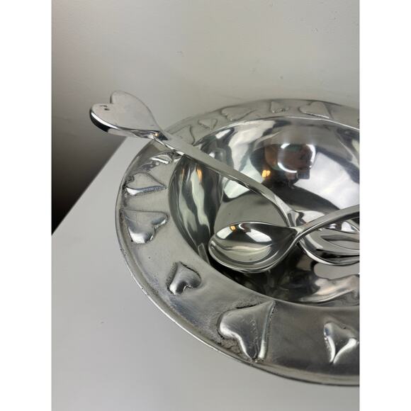 Mexico Silver Salad Bowl Stainless Steel Hearts Spoon Fork Serveware Set RARE - Picture 3 of 11